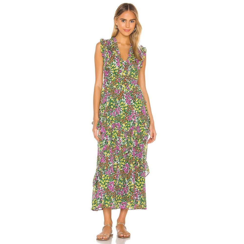 NWOT Banjanan Donna Floral Green Maxi Dress Cottage Garden Lilac SMALL